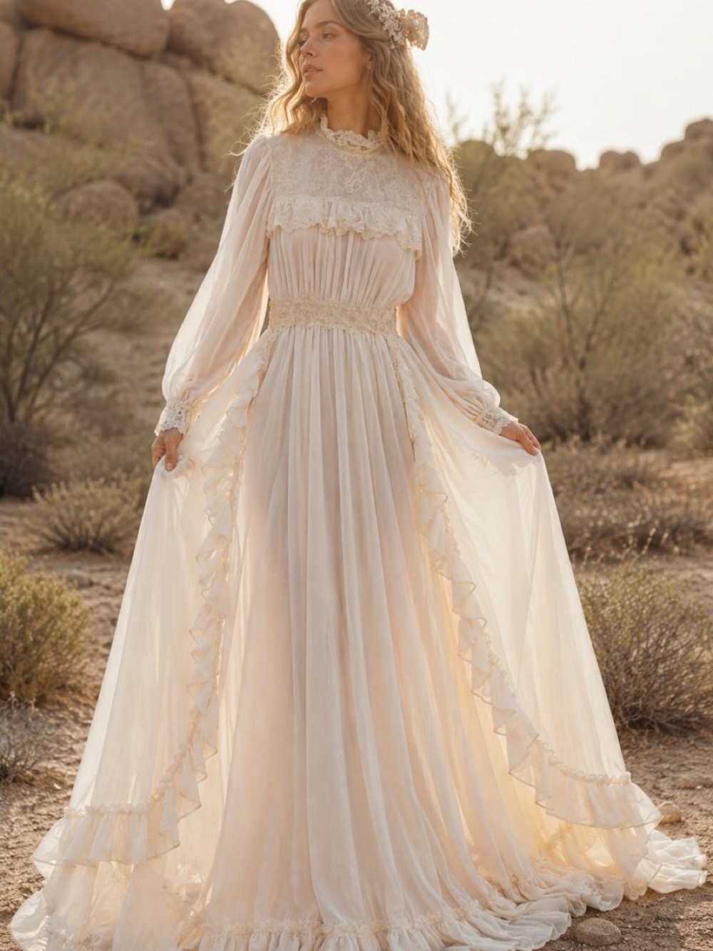 Gunne Sax Cream Lace High-Neck Long Sleeve Bridal Gown